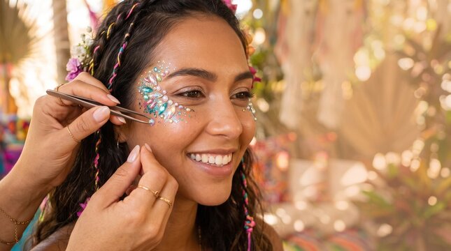 Woman smiling while having face gems applied for a festival or party