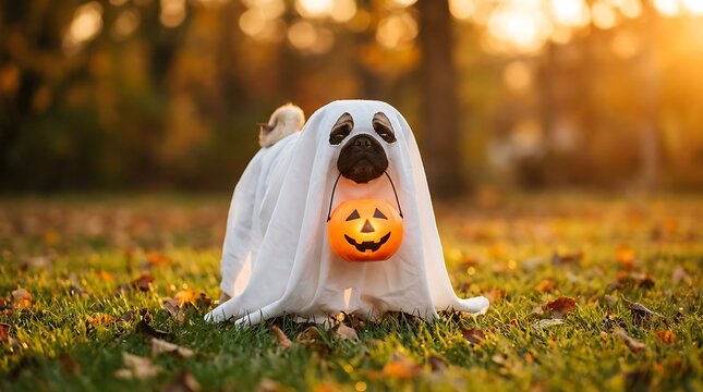 Cute pug dog in ghost costume holding a jack-o-lantern on autumn grass