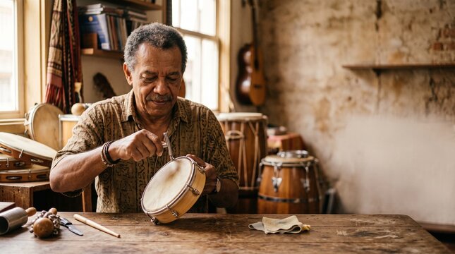 Elderly craftsman meticulously adjusts a small drum in his workshop surrounded by musical instruments