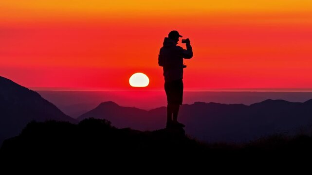 Person silhouetted against vivid sunset above mountains at Col d'Aubisque in France, turns to film and take in stunning red orange glow over landscape