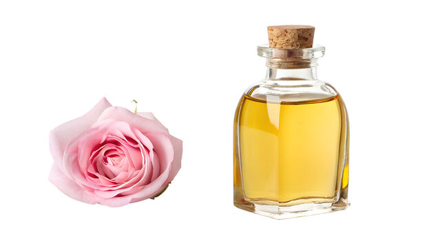Rose Essential Oil Glass Bottle with Pink Rose Blossom Cutout Isolated White Background