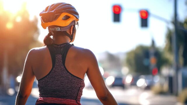 A girl in sportswear and a protective helmet sitting on a bicycle and waiting for the green light at the traffic light. The concept of urban cycling and active recreation