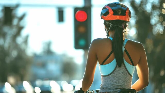 A girl in sportswear and a protective helmet sitting on a bicycle and waiting for the green light at the traffic light. The concept of urban cycling and active recreation