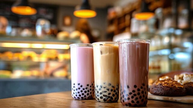 Three glasses of bubble tea with tapioca beads on a wooden counter in a cafe with warm lighting. Drink concept, cafe