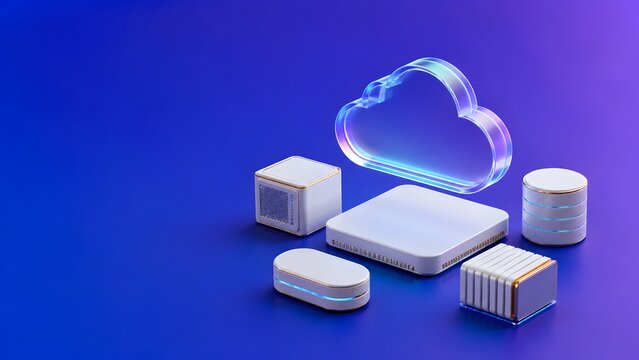 Transparent glowing cloud icon floating above white data servers representing modern cloud computing network and digital storage infrastructure.