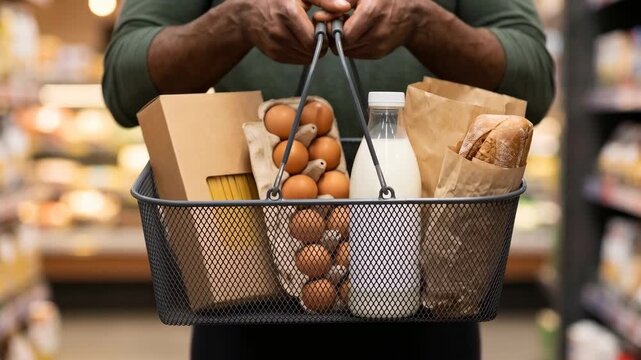 Close-up of a black male customer's hands holding a full grocery basket in front of them in a supermarket. Retail, daily food shopping and consumer lifestyle concept