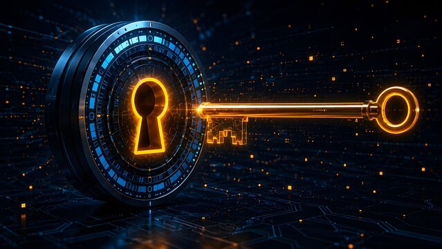 Glowing golden key unlocking complex digital keyhole mechanism representing cybersecurity encryption data privacy and secure network access.