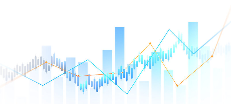 Transparent stock market chart with candlestick bars and rising trend line. Digital finance background showing trading, investment growth, profit analysis and economic data.	

