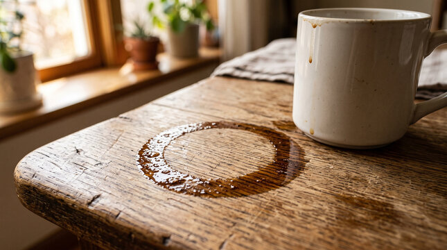 Coffee cup leaving a stain on a wooden table in a bright room  
