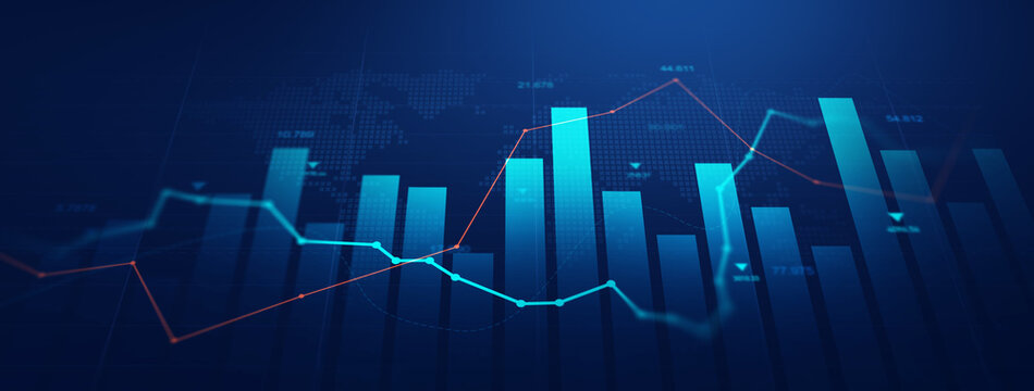 Financial data charts with glowing stock market graphsBusiness financial chart with moving up arrow graph.Stock market investment data and analysis finance graph.