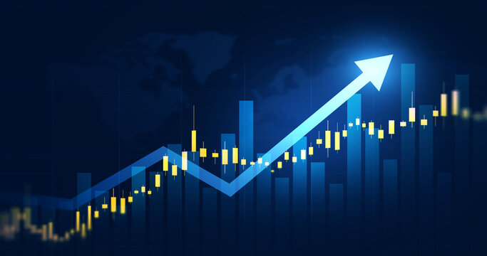 Financial data charts with glowing stock market graphs.Financial chart with moving up arrow graph.Stock market investment data and analysis finance graph.	
