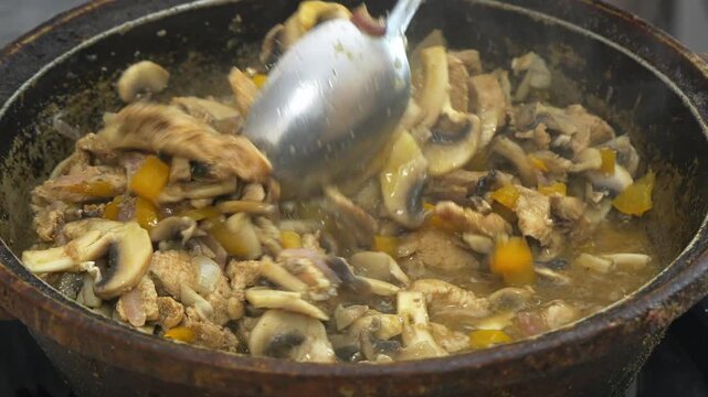 In a deep cast-iron skillet, onions simmer with chicken in a sauce and spices with mushrooms. Medium shot.