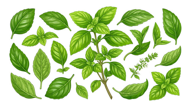 Set of fresh green basil leaves and sprigs isolated on white background.