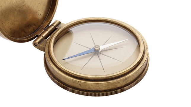 Vintage brass compass with open lid, antique nautical navigation tool, gold metallic directional instrument for travel and adventure isolated PNG with Transparent Background