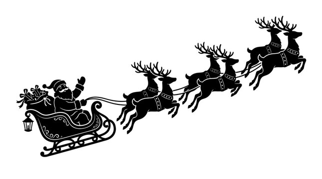 Santa Claus sleigh silhouette with reindeer, Christmas flying sled vector icon, black holiday reindeer team graphic