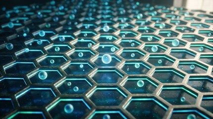 Naklejka premium A glowing hexagonal grid structure with floating spheres in space