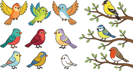 Fototapeta premium Cute cartoon garden birds collection with flying and perched little songbirds on tree branches isolated on white background vector