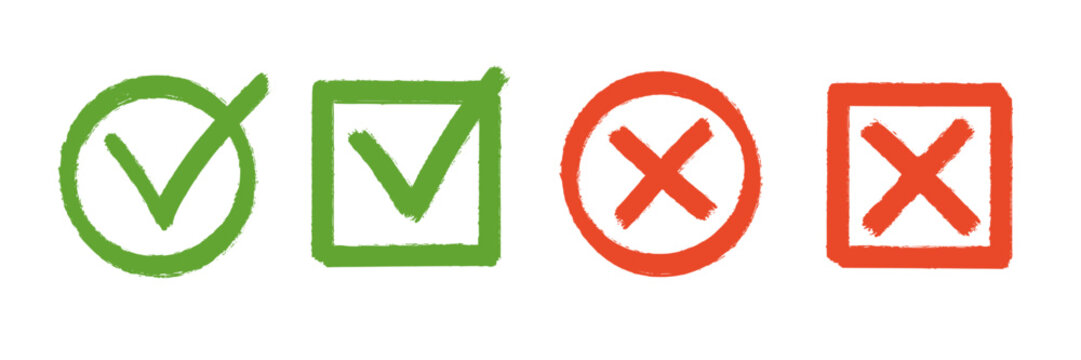 Check mark cross icon set. Brush check icon mark cross tick with red green circle box symbol. Hand drawn yes correct wrong paint stroke checklist verification background. Vector
