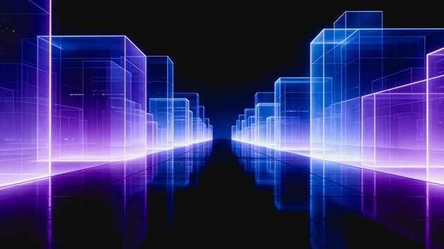A futuristic 3D abstract cityscape made of glowing neon holographic blocks, reflected on a dark smooth surface, with blue and purple light lines receding into the distance.