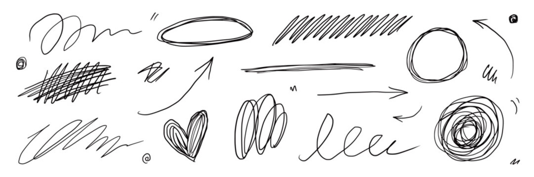 Scribble line pen doodle set. Hand drawn scribble line pen doodle scratch pencil texture circle brush. School arrow notebook text highlight handwritten sketchy background. Vector