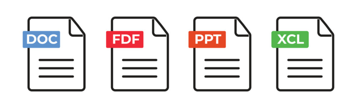 Set of file format icons including doc, fdf, ppt, and xcl, representing common document and data file types