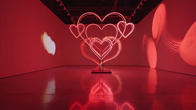 Red neon heart sculpture glowing in a modern art gallery exhibition