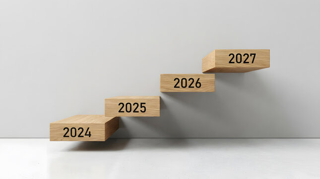 Wooden blocks stairs with consecutive years from 2024 to 2027 representing growth concept