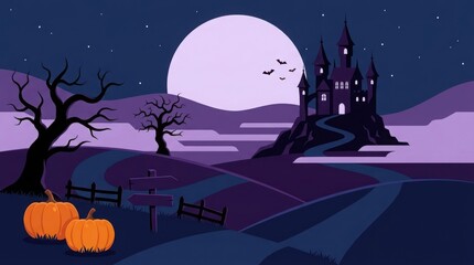Fototapeta premium A spooky halloween night scene featuring a silhouetted castle a full moon bare trees and pumpkins in a dark and mysterious landscape