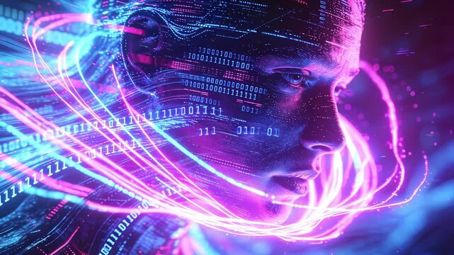 Digital human profile with binary code and glowing data streams. Panning shot of futuristic artificial intelligence concept.