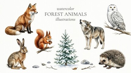 Obraz premium Watercolor Forest Animals Set with Fox, Wolf, Owl, Squirrel, Hare, Hedgehog and Snowy Pine Tree