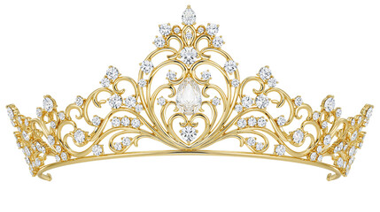 Ornate gold tiara with intricate filigree patterns and sparkling diamond accents © Anouk