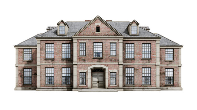 Classic Georgian style red brick mansion with symmetrical facade and slate roof