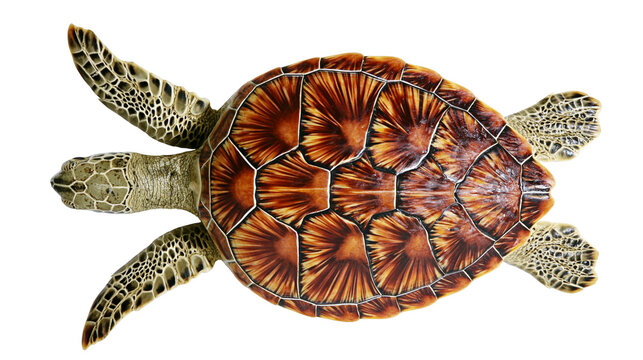 Top view of a hawksbill sea turtle with a detailed patterned brown shell