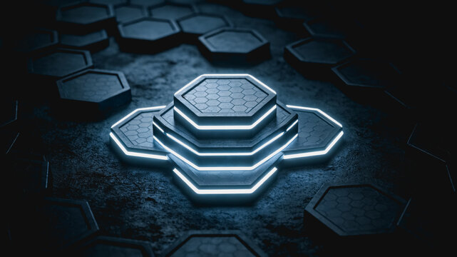 A 3D rendered futuristic hexagonal platform with glowing edges, set on a dark textured surface with surrounding hexagon panels.