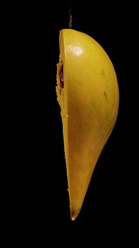 Cut Canistel Fruit Reveals Glossy Brown Seeds Against Black Background, Showing Fresh Tropical Produce and Natural Food Texture Vertical video.