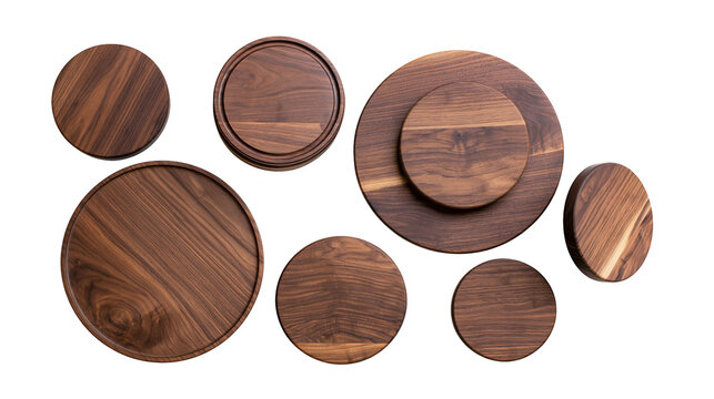 Collection of round dark walnut wood serving boards and trays of various sizes