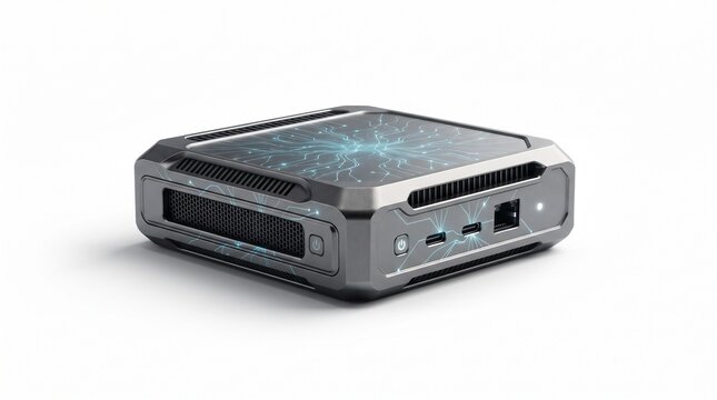 Futuristic mini PC with glowing neural network pattern, compact desktop computer workstation, sleek metallic hardware for gaming and AI