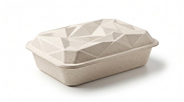 Eco-friendly biodegradable food container, sustainable paper pulp lunch box with geometric lid, compostable takeaway packaging