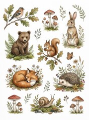 Obraz premium Watercolor Woodland Animals and Forest Elements Clip Art Set with Bear, Fox, Rabbit, Squirrel, and Hedgehog