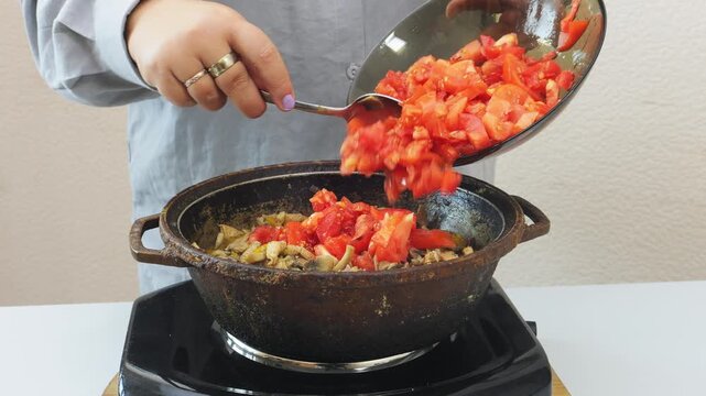 In a deep cast-iron skillet, onions and chicken are simmered in a sauce with spices and mushrooms, then tomatoes are added. Medium shot.