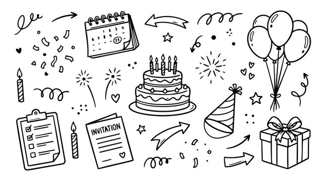 Hand drawn doodle vector collection of birthday planner featuring birthday cake, balloons, gift box, calendar, party hat, invitation card, checklist, candles, isolated on white bacground