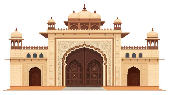 grand Rajput palace entrance with pointed arch, ornate stone frame