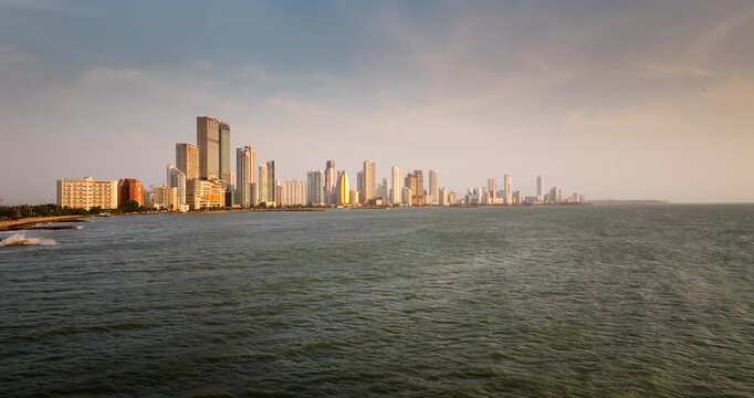 Bocagrande skyscraper skyline in Cartagena, Colombia. Aerial drone view from sea