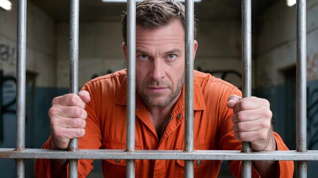 Inmate in orange jumpsuit gripping prison bars. Serious male prisoner looking through cell gate in correctional facility. Close-up shot with tilting camera movement.