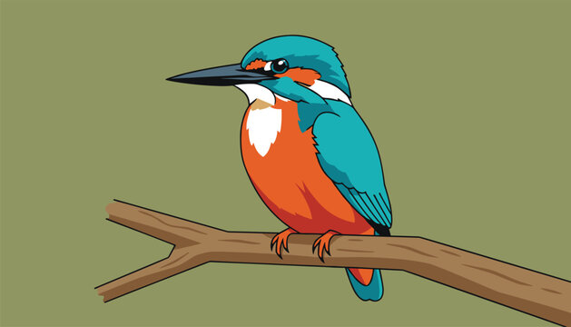 Detailed illustration of a small common kingfisher bird sitting on a rustic wooden tree branch against a muted olive green background.