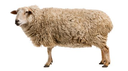 Fluffy beige woolly sheep standing in profile view © Asmud
