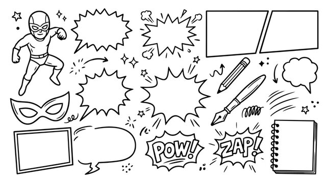 Hand drawn doodle vector collection of comic drawing featuring comic characters, speech bubbles, action bursts, comic panels, superhero masks, sound effects isolated on white background