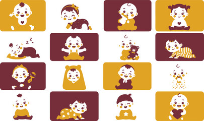 Obraz premium A collection of cute baby icons featuring various daily activities and expressions in flat style.
