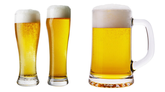Three glasses of golden lager beer with thick white foam heads