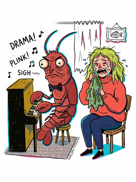 Lobster Playing Piano Beside Crying Person In Surreal Hand Drawn Vector Illustration